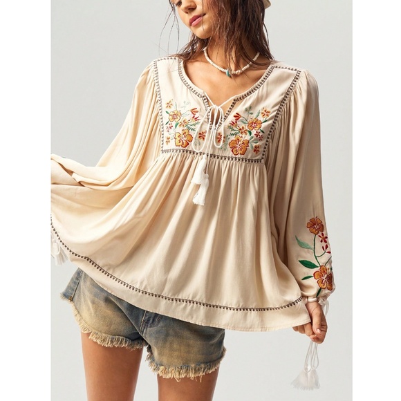 Embroidered Bohemian Shirt in Beige Detailed V-Neck, Tassel Ties on Neck, Cuffs - Picture 8 of 9